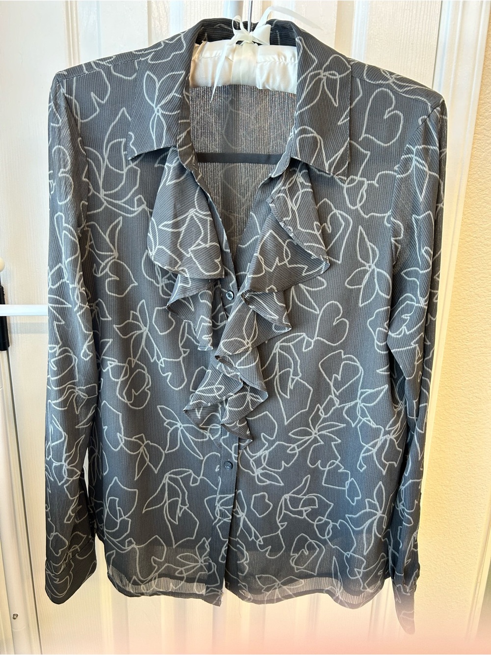 Calvin Klein Gray Blouse with White Floral Outline and Ruffle Front